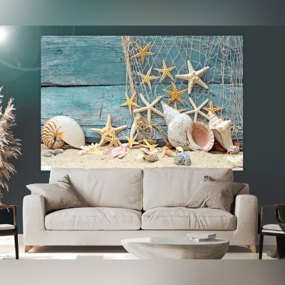 Shiplap design beach home decor starfish jellyfish coral ocean life art artwork